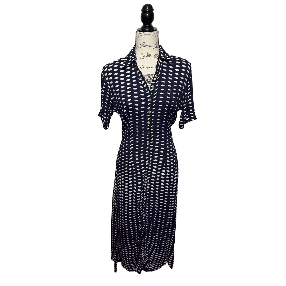 Vintage Lola P Women Navy Blue Polka Dot‎ Maxi Dress Medium